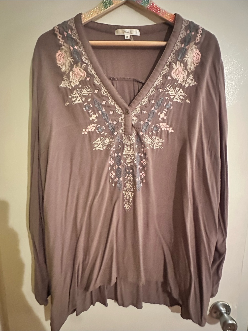 Andree Taupe Embroidered V-Neck Tunic Top